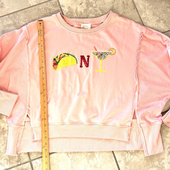 Boutique Fantastic Fawn Tacos & Margaritas Sequin Patch Light Pink Sweatshirt 🌮🍹 - Picture 13 of 14